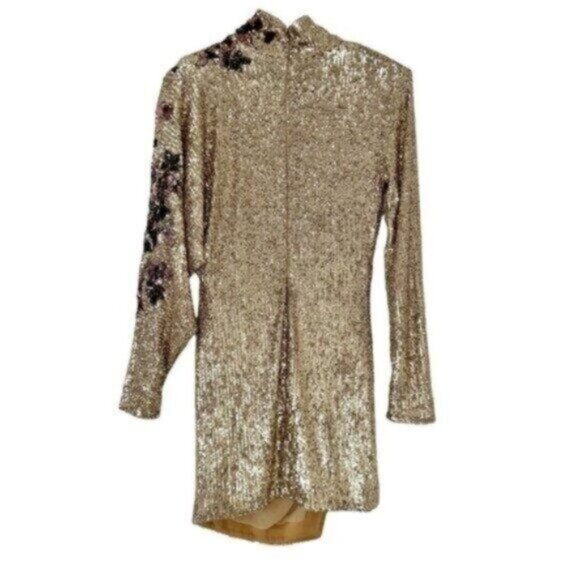 Redemption Runway Gold Sequin Draped Floral Turtleneck Mini Dress Size L - Picture 8 of 16